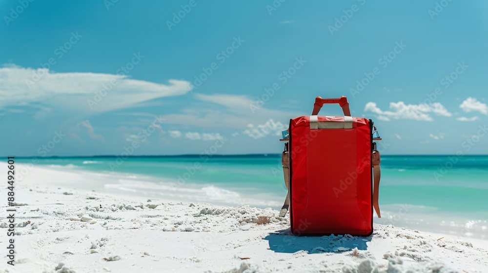A solid colored cooler bag placed on a plain white sand beach A solid colored cooler bag placed on a plain white sand beach