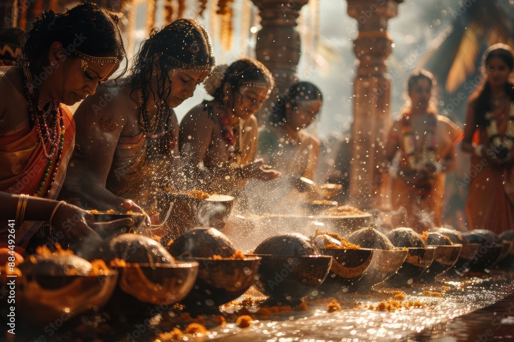 Devotees Offer Coconuts in a Ritualistic Ceremony at a Temple in India Devotees Offer Coconuts in a Ritualistic Ceremony at a Temple in India