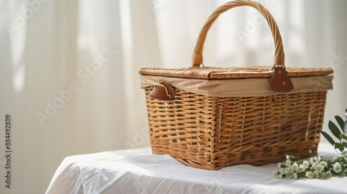 A solid colored picnic basket placed on a simple white tablecloth