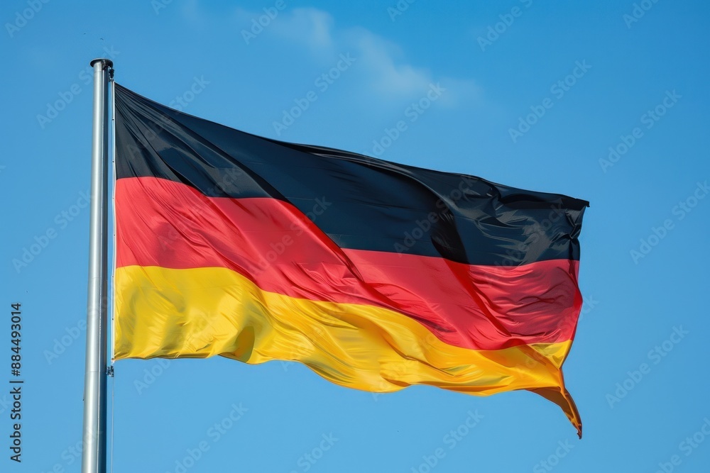 German flag is flying in the wind with a blue sky background German flag is flying in the wind with a blue sky background