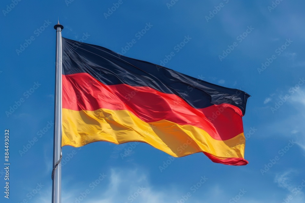 German flag is flying in the wind with a blue sky background German flag is flying in the wind with a blue sky background