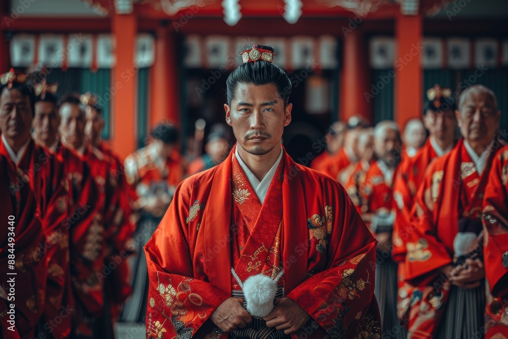 A Solemn Moment in Crimson: A Shinto Priest Leads a Traditional Ceremony at a Shrine A Solemn Moment in Crimson: A Shinto Priest Leads a Traditional Ceremony at a Shrine