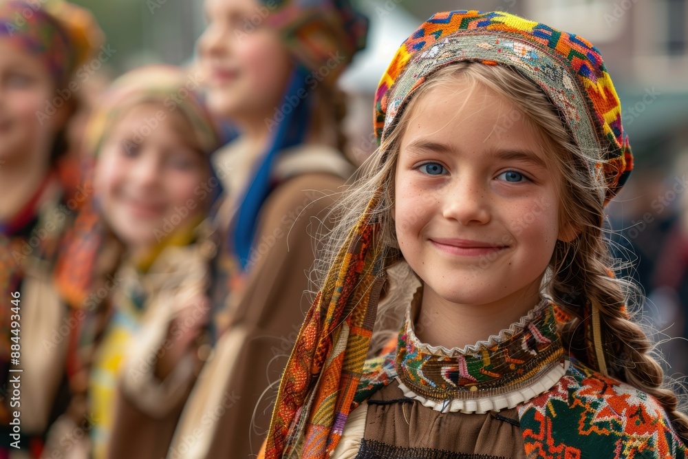 Fototapeta premium A Young Girl Smiles Brightly in Traditional Dress During a Festive Celebration