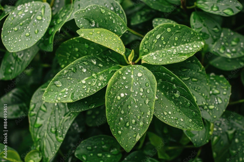 Green leaves with clear water drops on them Green leaves with clear water drops on them