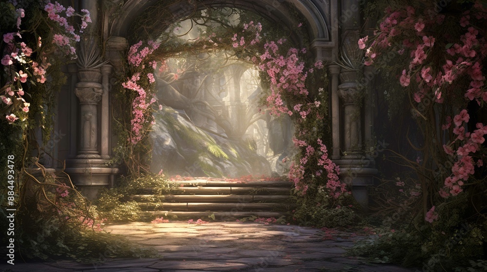 A picturesque scene of a lush, enchanting garden with a stone archway covered in pink blossoming flowers and creeping vines. Sunlight streams through the archway, illuminating the stone pathway and st A picturesque scene of a lush, enchanting garden with a stone archway covered in pink blossoming flowers and creeping vines. Sunlight streams through the archway, illuminating the stone pathway and st