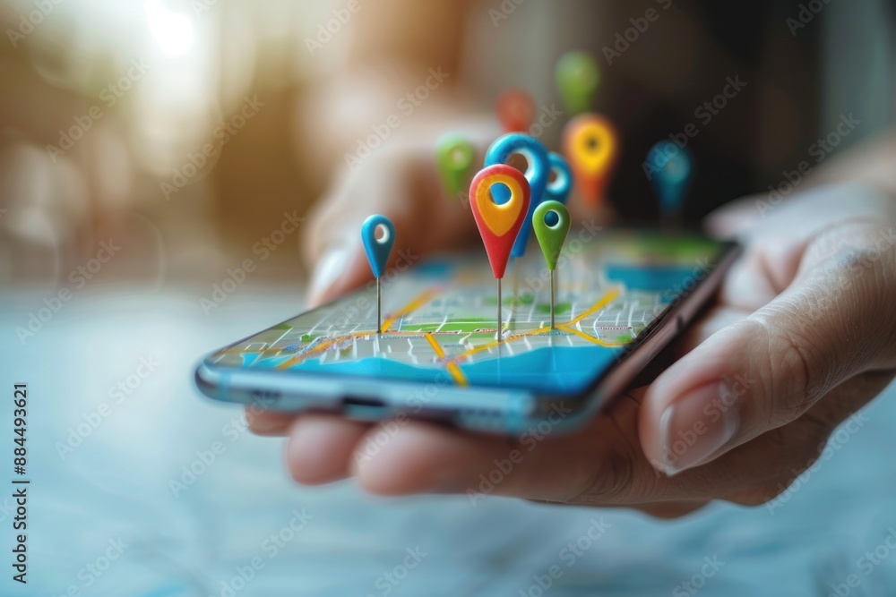 hand holds smartphone with map icon. 3D Map pins, GPS, navigator pin checking points, 3D World Map icon hand holds smartphone with map icon. 3D Map pins, GPS, navigator pin checking points, 3D World Map icon