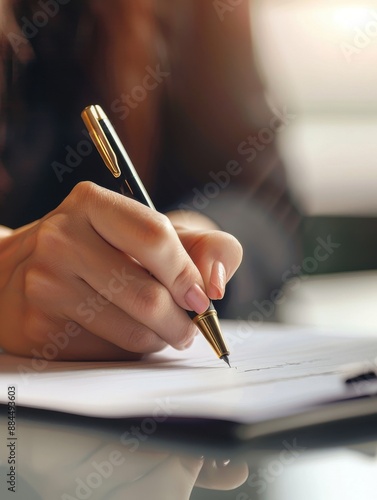 Close-up of a Woman's Hand Signing a Document: A close-up shot of a woman's hand signing a document with a pen on a clipboard. The image captures the detail of the pen, the woman's hand, and the docum photo