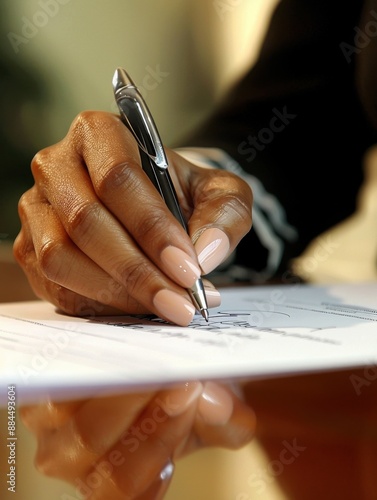 The Power of the Pen: A close-up on a Black woman's hand elegantly signing a document, emphasizing empowerment and professional success. 