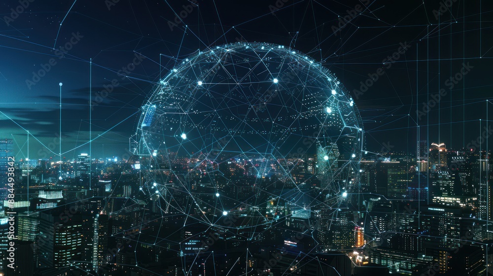 Global Network Over Illuminated Cityscape Global Network Over Illuminated Cityscape