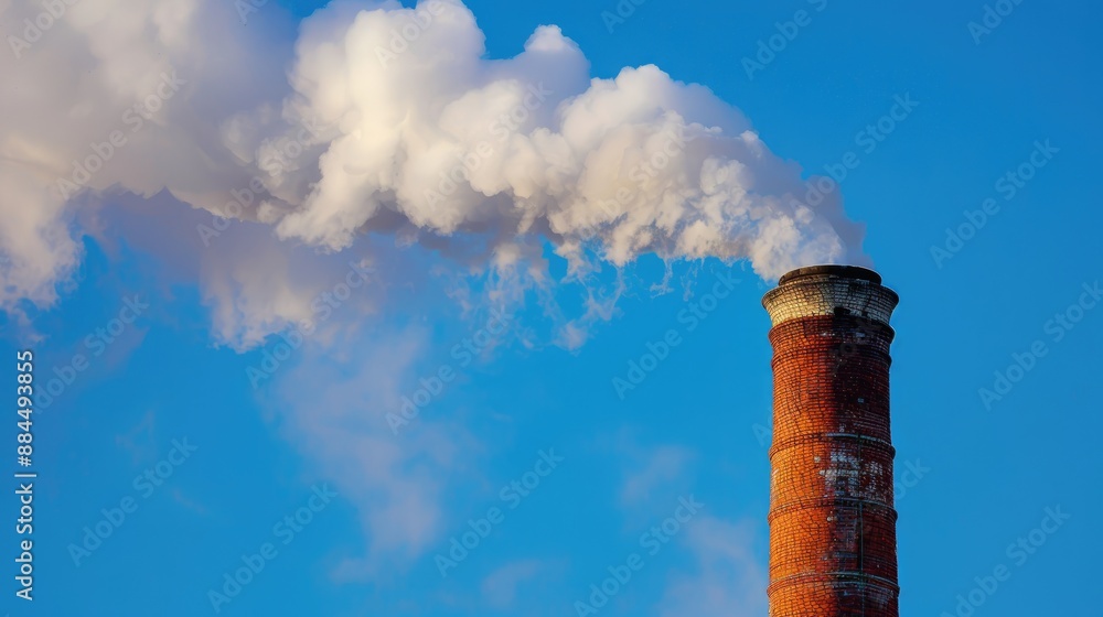 Thick smoke rising from a chimney against a clear blue sky up close Thick smoke rising from a chimney against a clear blue sky up close