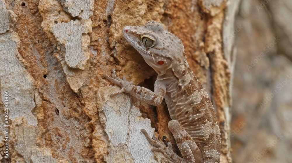 Common flat-tail gecko clinging to the side of a tree Common flat-tail gecko clinging to the side of a tree
