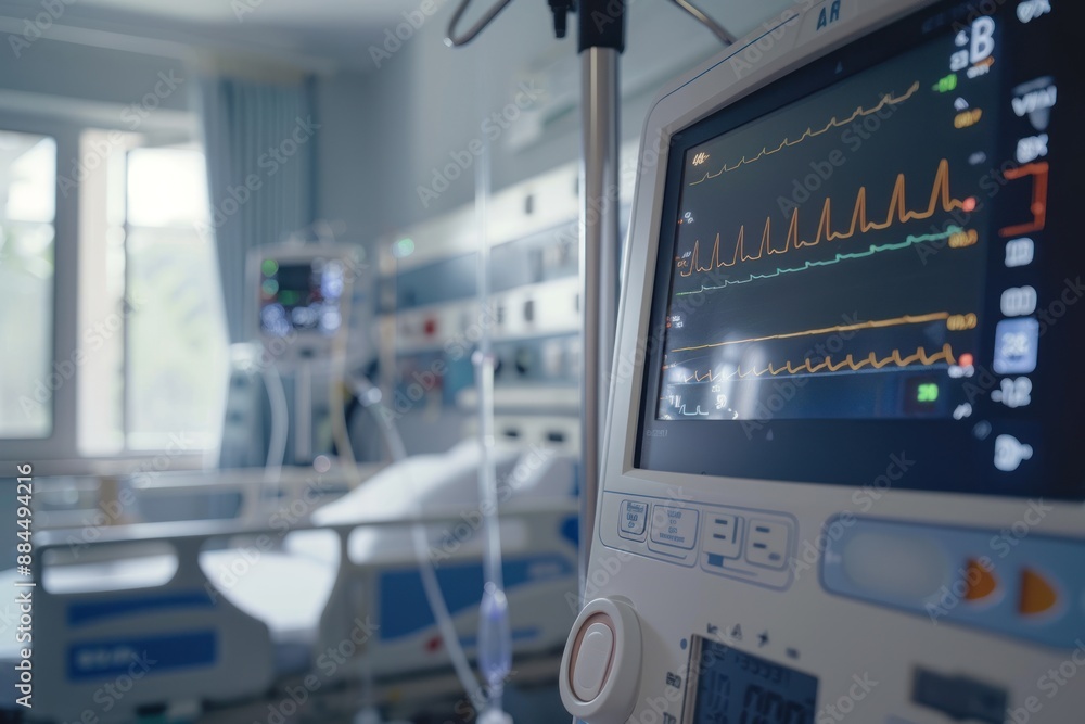 Hospital Room with Close up Medical Monitor Showing Heart Rate Hospital Room with Close up Medical Monitor Showing Heart Rate