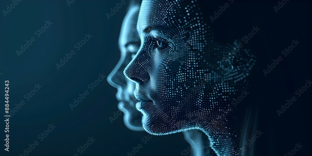 Interlocking digital faces with futuristic patterns symbolize connection between technology and identity. Concept Digital Art, Futuristic Technology, Identity Exploration Interlocking digital faces with futuristic patterns symbolize connection between technology and identity. Concept Digital Art, Futuristic Technology, Identity Exploration