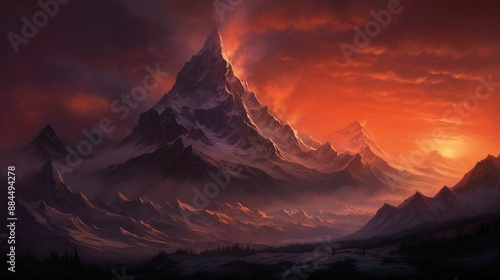 A breathtaking, CGI-rendered mountainous landscape bathed in the warm, fiery hues of a sunset. The towering, rugged mountains are capped with snow, and the sky is filled with dramatic, swirling clouds