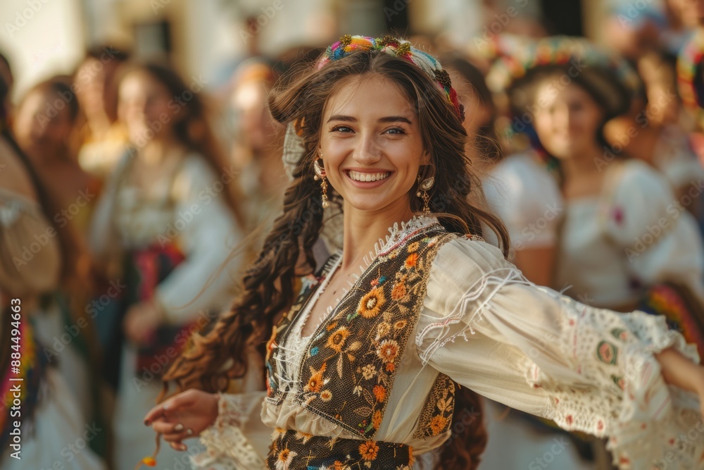 A Joyful Moment in a Traditional Romanian Folk Dance Performance A Joyful Moment in a Traditional Romanian Folk Dance Performance