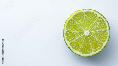 Fresh lime slice on bright white surface with room for text