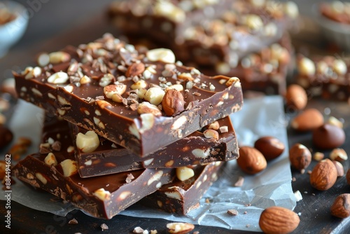 Stacked dark chocolate bars with almonds and hazelnuts on a dark surface