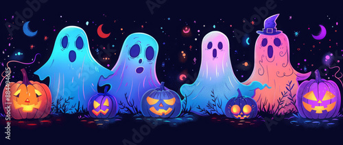 many simple cute cartoon ghosts in pink and blue glowing neon colors on a black background in the style of pastel goth