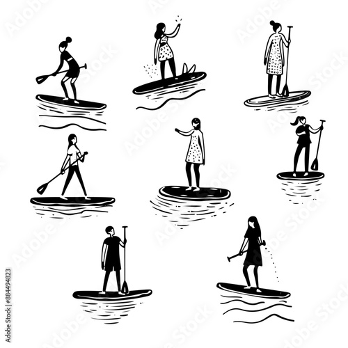 A man is floating on a SUP board. Diverse Paddleboarding. Black and white illustration