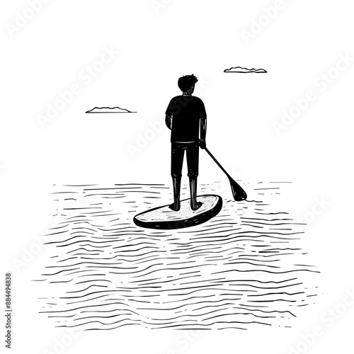 A man is floating on a SUP board. Diverse Paddleboarding. Black and white illustration