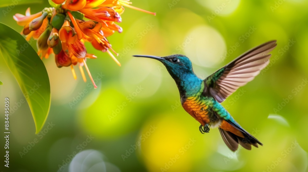 Fototapeta premium Fire-throated hummingbird hovering near a flower in the tropical forest