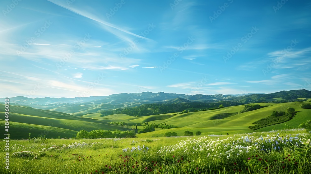 Fototapeta premium A peaceful countryside scene with rolling hills, green pastures dotted with wildflowers, and a clear blue sky with a few wispy clouds.