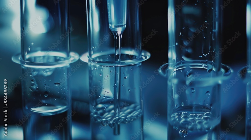 Transfer liquid between tubes in lab setting close up shot blue filter wide layout Transfer liquid between tubes in lab setting close up shot blue filter wide layout