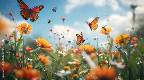 A peaceful meadow dotted with wildflowers, where butterflies flit from bloom to bloom and the sound of buzzing bees fills the air. 