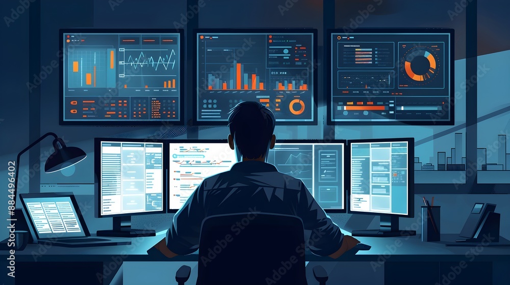 a data scientist analyzing complex data visualizations on multiple monitors. data scientist working on computer with business dashboard analytics chart metrics. data science concept a data scientist analyzing complex data visualizations on multiple monitors. data scientist working on computer with business dashboard analytics chart metrics. data science concept