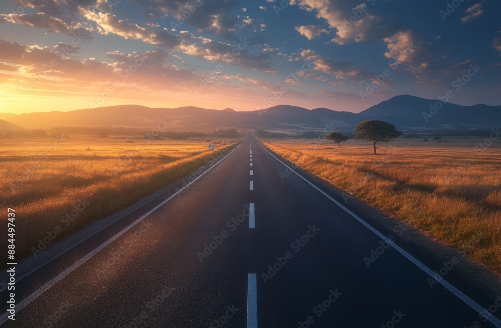 Fototapeta premium Tranquil Sunset over Empty Asphalt Highway with Mountains and Blue Sky