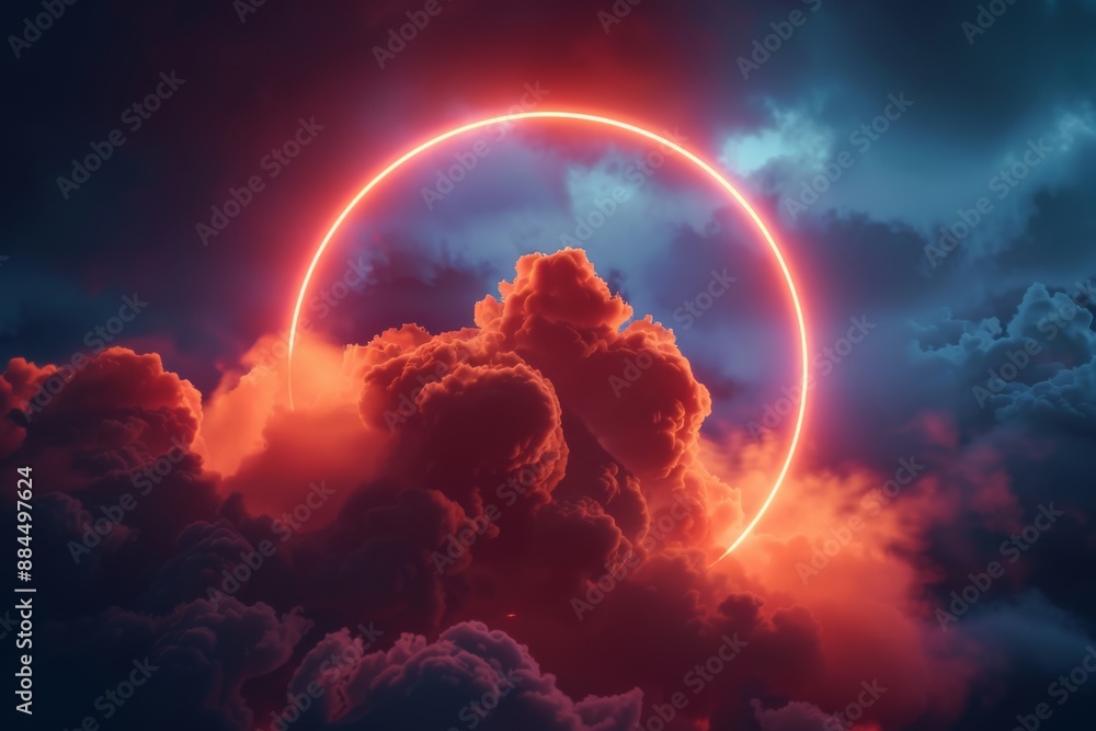 abstract cloud illuminated with neon light ring on dark night sky. Glowing geometric shape, round frame abstract cloud illuminated with neon light ring on dark night sky. Glowing geometric shape, round frame