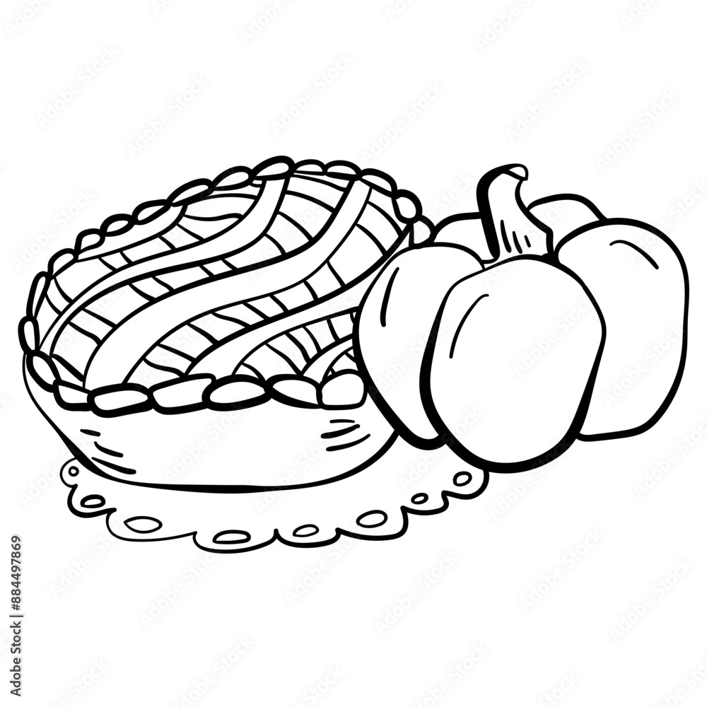 Outline pie and pumpkin, simple coloring page with autumn treats Outline pie and pumpkin, simple coloring page with autumn treats