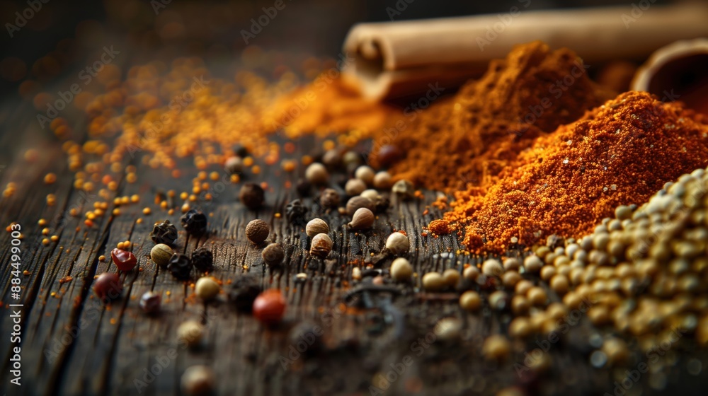 A Variety of Spices Including Paprika, Cumin, and Mustard Seeds on a Rustic Wooden Surface A Variety of Spices Including Paprika, Cumin, and Mustard Seeds on a Rustic Wooden Surface
