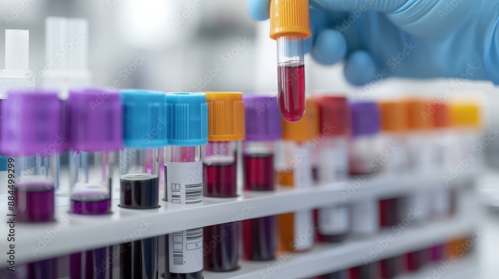 Doctor laboratory technician holding blood sample test tubes in a rack inside hospital lab Doctor laboratory technician holding blood sample test tubes in a rack inside hospital lab