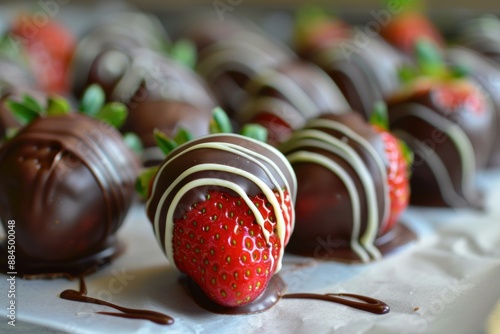 Artistically drizzled chocolatecovered strawberries arranged on a platter for an elegant dessert photo