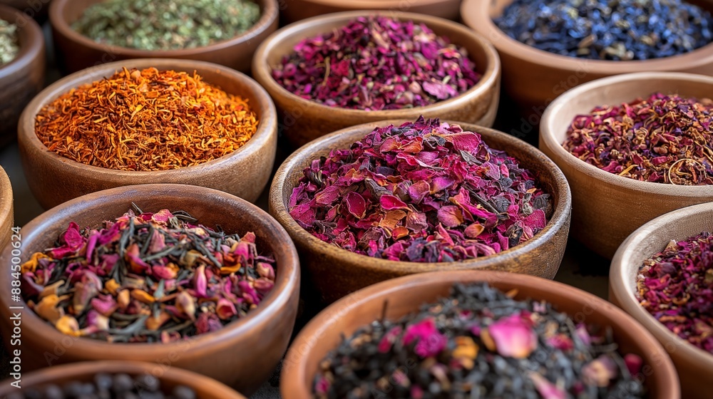 Assorted dried herbs and flowers in wooden bowls, vibrant and aromatic, perfect for culinary use. Assorted dried herbs and flowers in wooden bowls, vibrant and aromatic, perfect for culinary use.