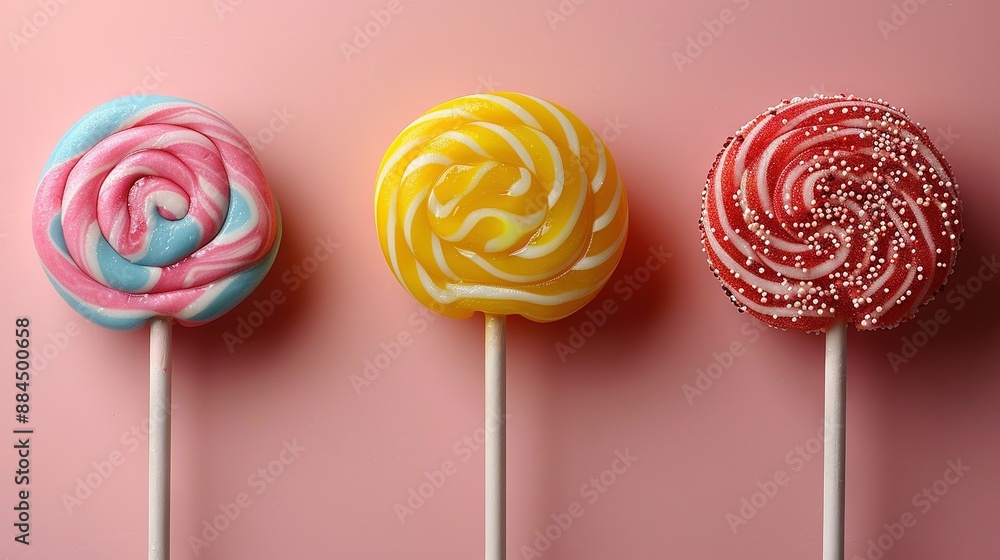 Three lollipops are stacked on top of each other on a pink table beside each other Three lollipops are stacked on top of each other on a pink table beside each other
