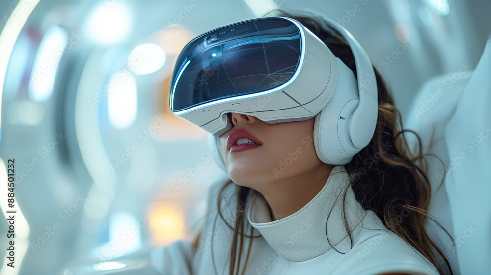 Woman wearing a sleek VR headset, immersed in a futuristic environment with advanced technology. Woman wearing a sleek VR headset, immersed in a futuristic environment with advanced technology.