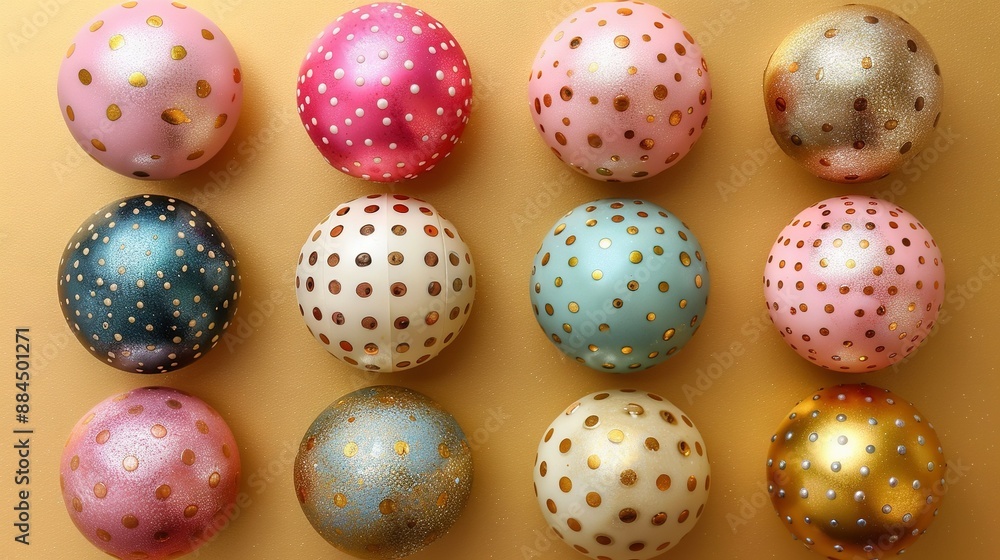 A collection of colorfully painted eggs arranged on a sunny background with golden specks on their tops A collection of colorfully painted eggs arranged on a sunny background with golden specks on their tops
