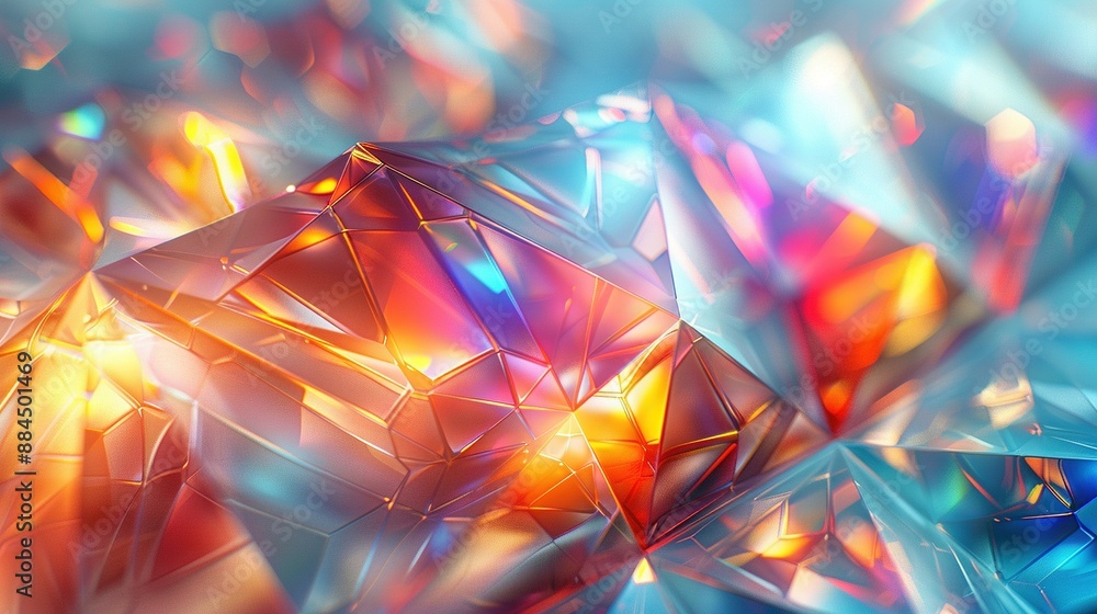 A close-up of a colorful diamond-like object with a blurred background in shades of blue, red, yellow, and orange A close-up of a colorful diamond-like object with a blurred background in shades of blue, red, yellow, and orange