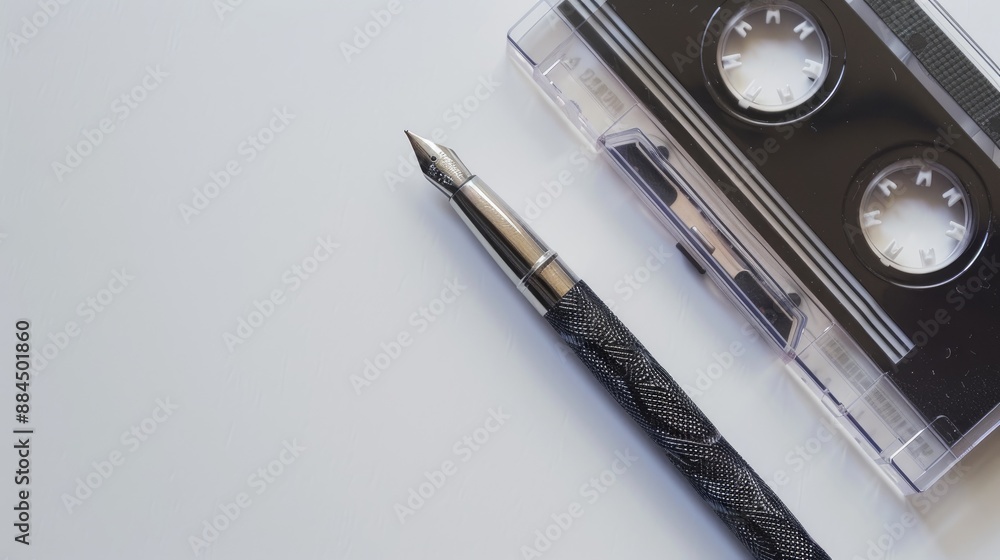 A pen next to a cassette tape on a white background representing nostalgia from the 1990s A pen next to a cassette tape on a white background representing nostalgia from the 1990s
