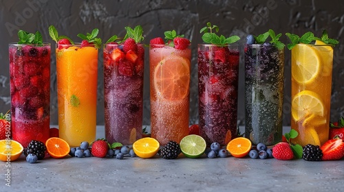  A row of colorful fruits and vegetables, including oranges, raspberries, lemons, and strawberries, arranged in glasses