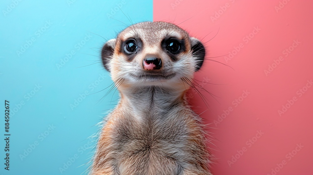 A meerkat perched atop its hind legs against a multicolored backdrop of blue, pink, and pink, gazing directly into the lens A meerkat perched atop its hind legs against a multicolored backdrop of blue, pink, and pink, gazing directly into the lens
