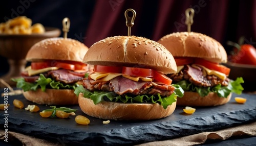 Gourmet Beef Burgers: Juicy Stacked Sandwiches with Fresh Toppings on Dark Slate