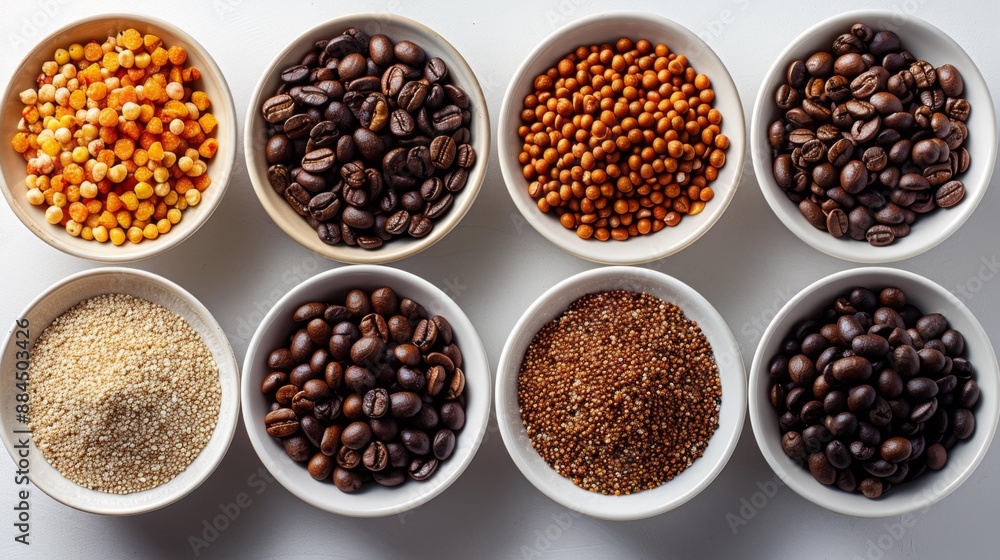 Assorted coffee beans and spices in bowls - generative ai Assorted coffee beans and spices in bowls - generative ai