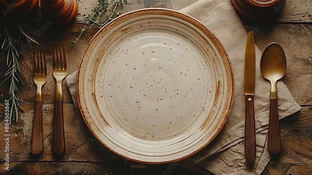 Up-close view of plate on table with cutlery & napkin featuring fresh rosemary sprig Up-close view of plate on table with cutlery & napkin featuring fresh rosemary sprig