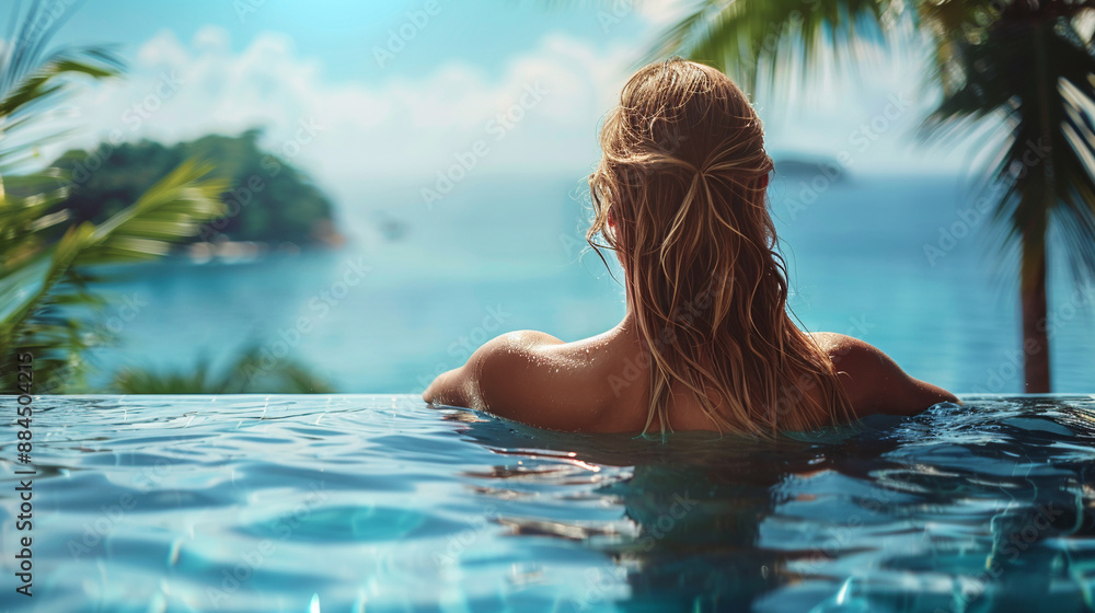 Woman relaxing in the pool at a luxury spa hotel, enjoying a beautiful view, tourist resort, rear view. Woman relaxing in the pool at a luxury spa hotel, enjoying a beautiful view, tourist resort, rear view.