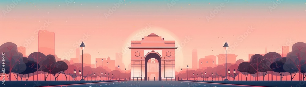 Obraz premium Beautiful illustration of a cityscape at sunrise with a grand arch monument in the center, surrounded by trees and lampposts.