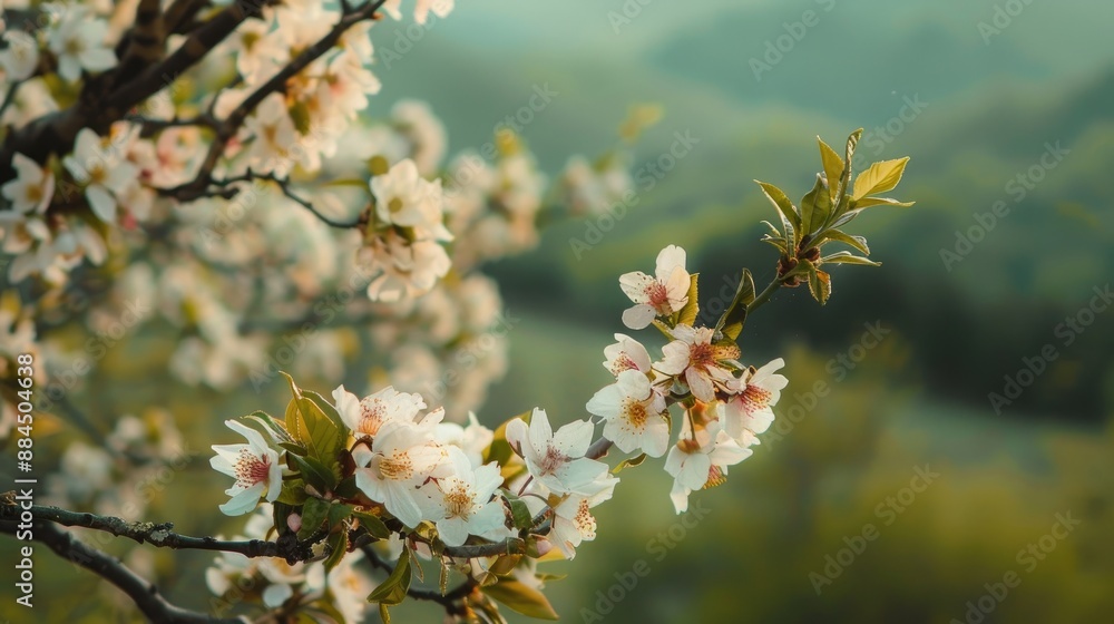 Almond tree blossoming in the spring green backdrop close up shot Almond tree blossoming in the spring green backdrop close up shot