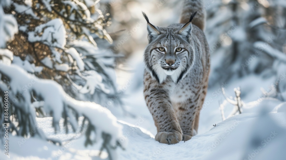 Lynx walking through a snowy forest Lynx walking through a snowy forest